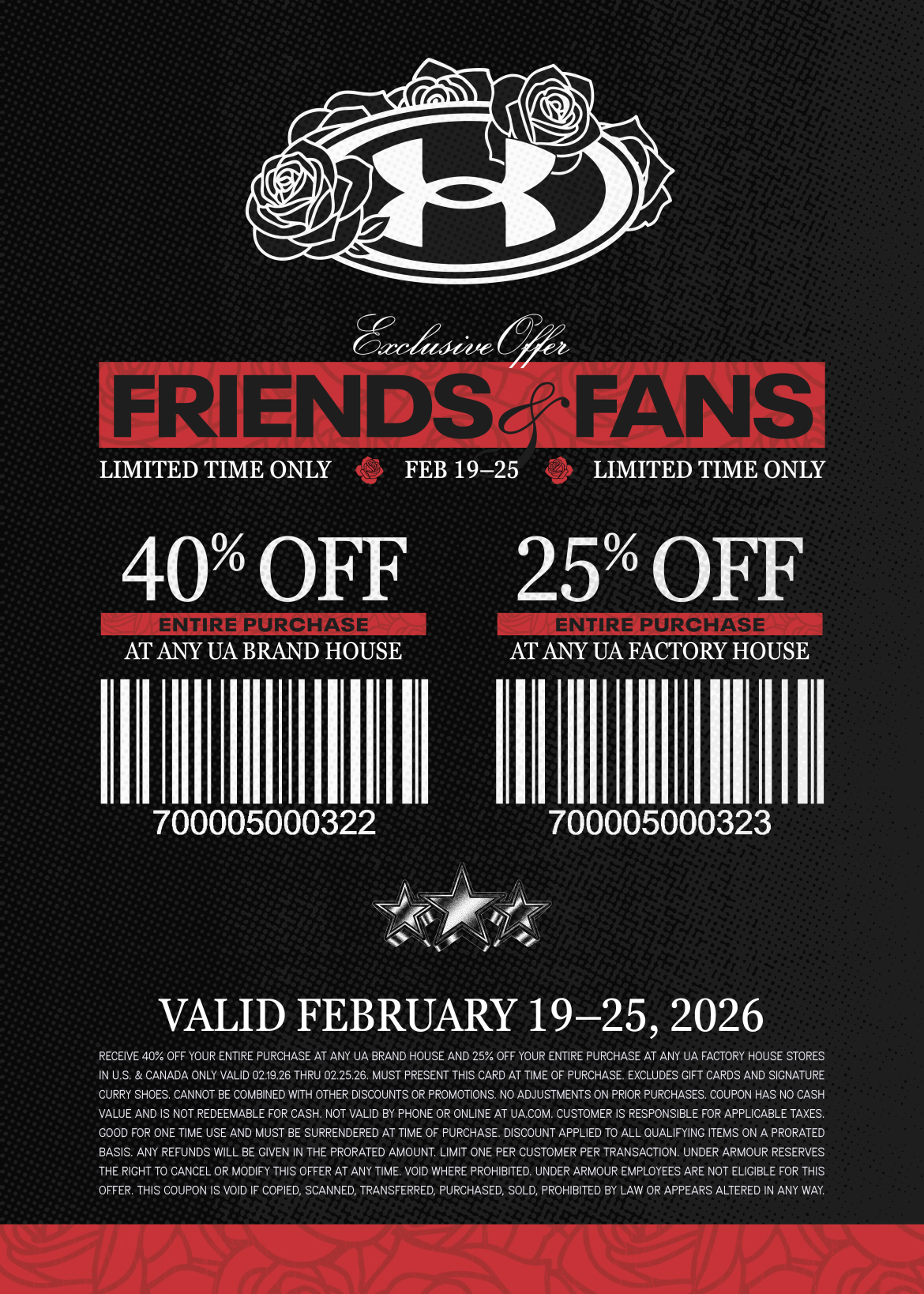 Under Armour Friends and Family Discount Card for February 19-25, 2026